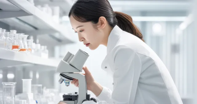 研究員が顕微鏡で確認している様子