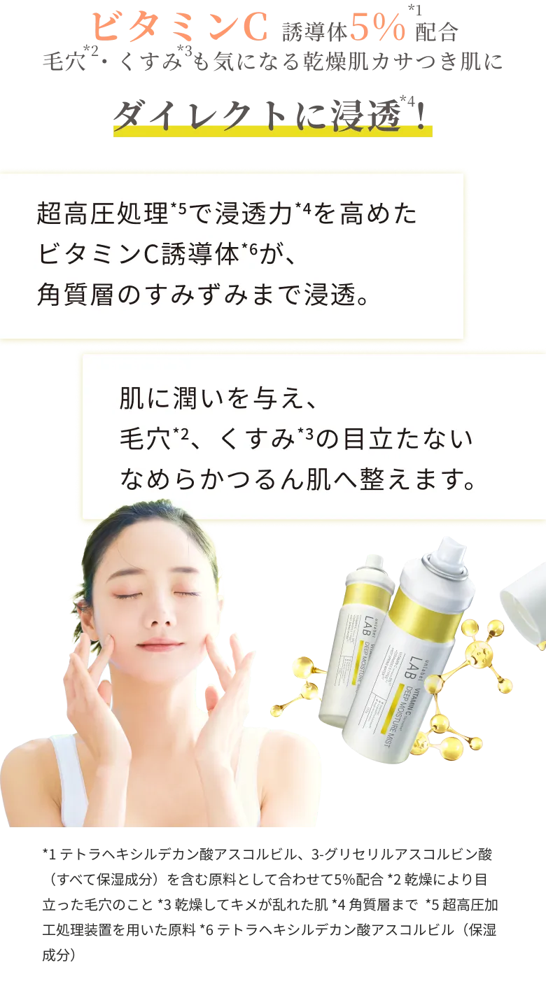 ビタミンC誘導体5%*1配合。毛穴*2・くすみ*3も気になる乾燥肌カサつき肌にダイレクトに浸透!